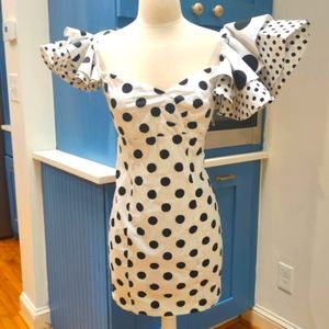 Caroline Constas polka dot ruffle off sleeve bodycon mini dress M new $595